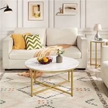 X-Base Round Coffee Table W/ Faux Marble Tabletop&amp;Sturdy Metal Legs Must... - $147.99