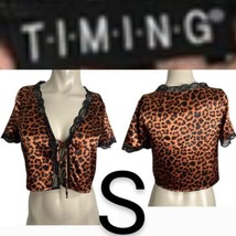 Brown &amp; Black Leopard Silky Front Tie Lace Trim Crop Top Blouse~Size S - £17.72 GBP