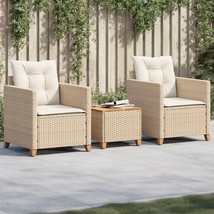 vidaXL 3 Piece Bistro Set with Cushions Beige Poly Rattan Acacia Wood - £254.72 GBP