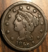 1846 USA BRAIDED HAIR LARGE ONE CENT PENNY COIN - $36.09