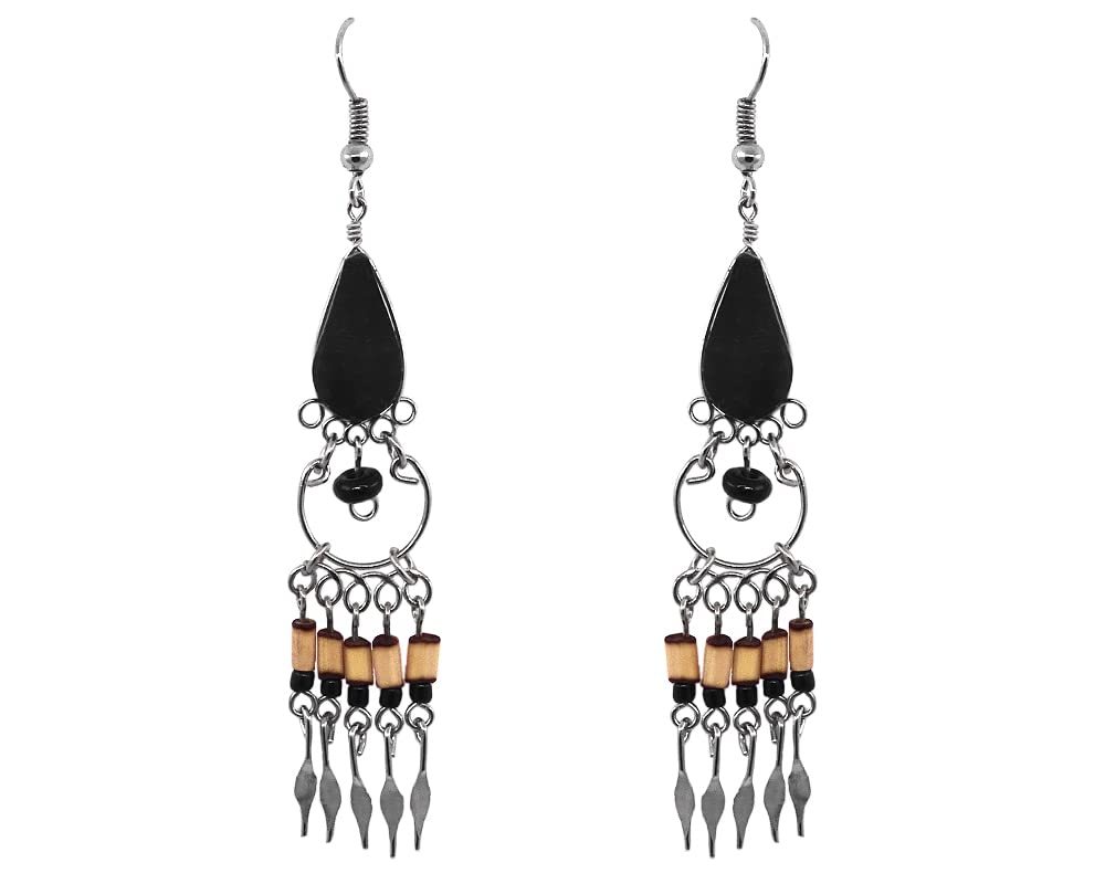 Teardrop Gemstone Cabochon Metal Hoop Long Wooden Bamboo Dangle Earrings... - £13.41 GBP