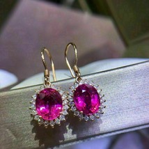 3Ct Corte Ovalado Rosa Diamante Rubí Gota / Pendientes Largos 14K Oro Amarillo - £90.17 GBP