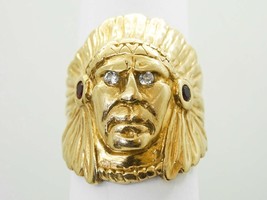 Native American Indian Chieftain Head Garnet &amp; Diamond Ring 14k Gold Size 9.25 - £1,277.93 GBP