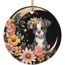 Cute Boston Terrier Puppy Dog Moon &amp; Flower Christmas Ornament Ceramic Gift - £11.89 GBP
