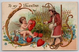 Valentine Greeting Cupid Painting Hearts And Victorian Girl Postcard E37 - $9.95