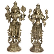 Lord Vishnu And Lakshmi Ji Standing On Round Base Brass Statue Height 13 Inches - £357.32 GBP