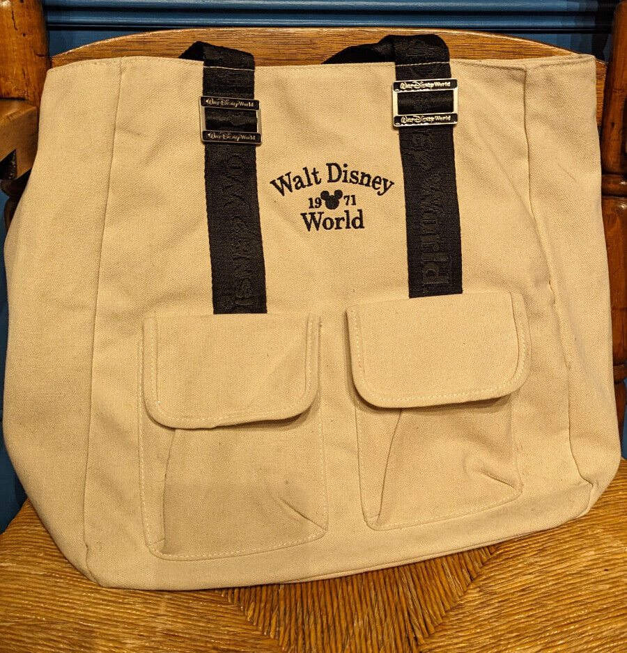 Walt Disney World Large 14" Canvas Tote Bag Ivory Black Pockets Mickey 1971 - $14.50