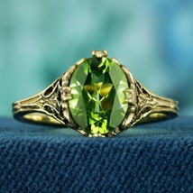 Natural Peridot Vintage Style Filigree Solitaire Ring in Solid 9K Yellow Gold - £442.35 GBP