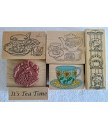 Lot of 6 Wooden Rubber Stamp Featured It&#39;s Tea Time Theme w Tea Pot and ... - $247.30 MXN
