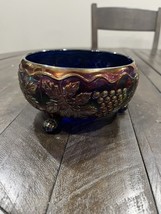 Fenton Carnival Glass Cobalt Blue  Iridescent Bowl Grape Leaf &amp; Cable 3 ... - $39.59