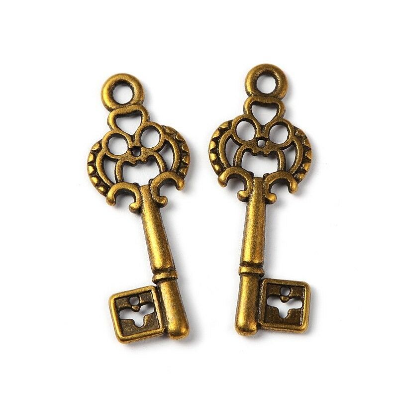 6 Skeleton Key Charms Antique Bronze Tone Steampunk Supplies 2 Sided 28mm - $1.93