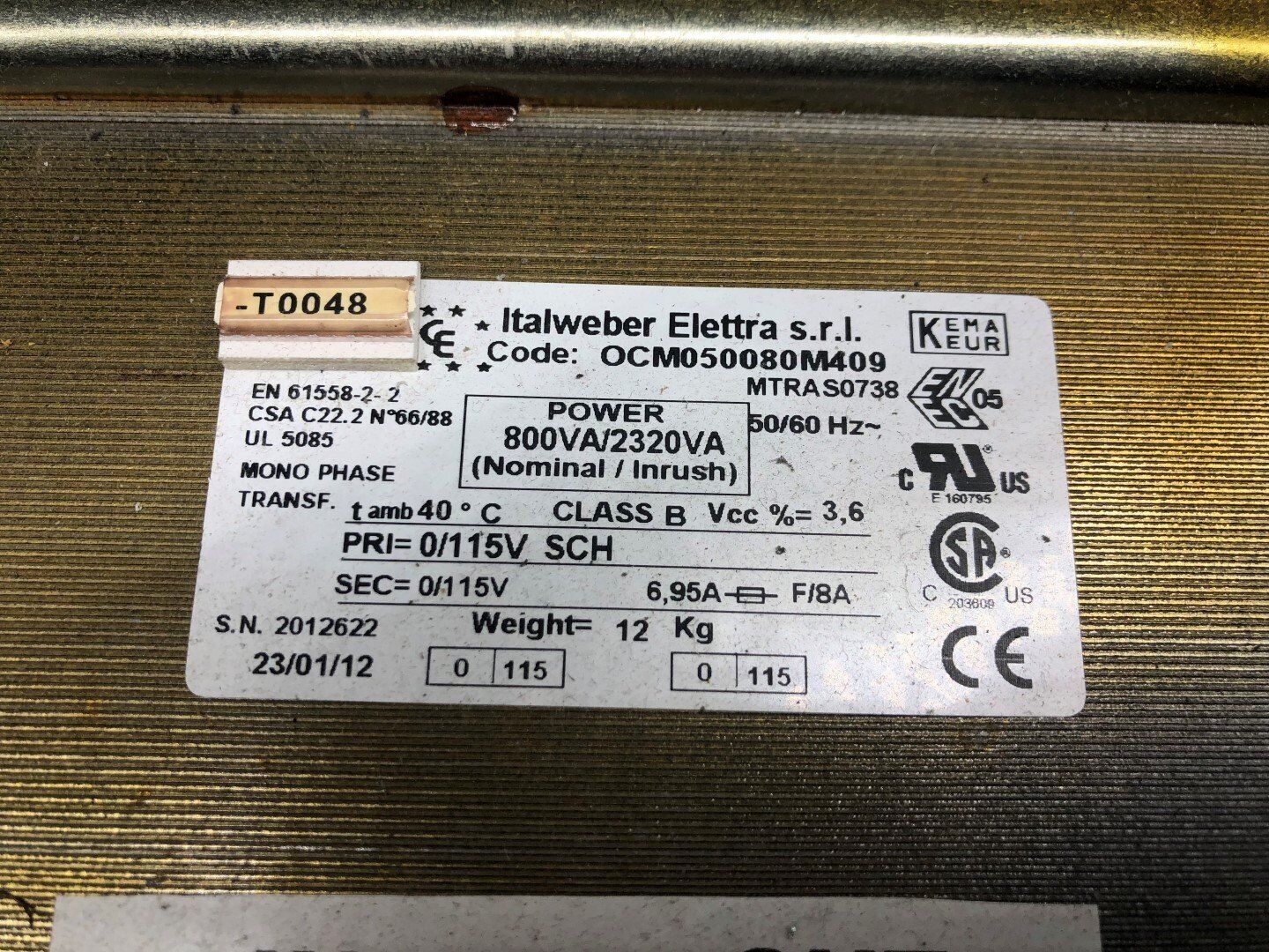 Italweber Elettra OCM050050M409 Single Phase Transformer 0.8 kVA - $48.70