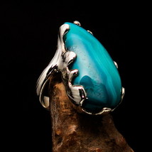 Artistic Sterling Silver Ring with fancy shaped green Agate Cabochon Size 8 - £56.12 GBP