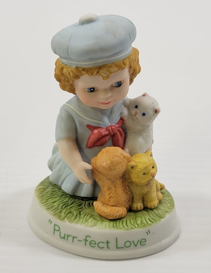 N) Avon Tender Memories 1991 Ceramic Figurine Purr-fect Love Girl Kitten Cats - $9.89