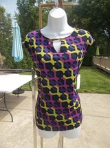 Nwt Liz Claiborne Purple&amp;Lime Geometric Print Top S - £11.79 GBP