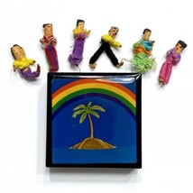 6 Guatemalan 1” Worry Dolls In 2” Square Rainbow Palm Island Box - $9.95