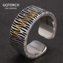 Od grain inlaid gold leaf opening rings genuine 925 sterling silver men and women retro thumb200