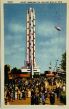 Vtg Giant Thermometer Chicago World&#39;s Fair with Zeppelin c.1933 Linen Postcard - £5.80 GBP