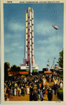 Vtg Giant Thermometer Chicago World&#39;s Fair with Zeppelin c.1933 Linen Postcard - £5.92 GBP