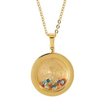 St. Benedict Medal Necklace Pendant Floating Crystals Gold Stainless Steel - £11.98 GBP