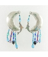 Duke Sterling Silver Half Moon Dangling DOLPHIN Glass Bead Drop EARRINGS... - $65.00