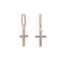 14K Rose Gold Plated Simulated Diamond Cross Drop Huggie Hoop Earrings Unisex - £90.83 GBP