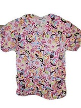 Peaches nursing scrub top medium Multicolor Flowers medic womens uniform shirt - £10.36 GBP