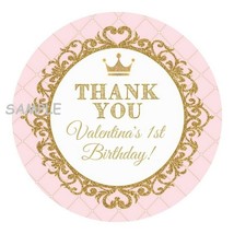 12 Personalized Pink and Gold Princess Party Stickers favors labels round crown - £9.43 GBP