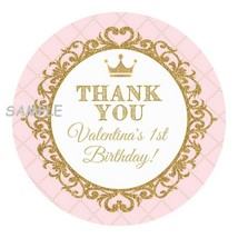 12 Personalized Pink and Gold Princess Party Stickers favors labels round crown - £9.64 GBP