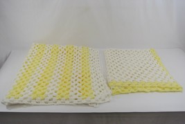 Knitted Baby Blanket Lot of 2 Handmade Crochet White &amp; Yellow 32 x 28 &amp; 43 x 34&quot; - £26.92 GBP