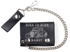 BORN TO BURN VINTAGE CAR TRIFOLD BIKER WALLET W CHAIN mens LEATHER #567 NEW - $11.82