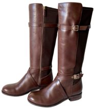 Cole Haan Knee High Riding Boots Brown Leather &amp; Fabric Panel - Women&#39;s ... - £83.69 GBP