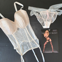 Victoria&#39;s Secret 34DDD GARTER SLIP CORSET+panty coconut WHITE ivory lac... - $118.79