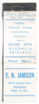 E.N. Jamison - Pittsburgh, PA Chrysler Plymouth Sales 20 Strike Matchbook Cover - £1.36 GBP