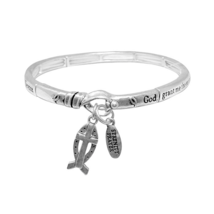 Serenity Prayer Christian Fish Stretch Bangle Bracelet Silver Rhodium - £11.31 GBP