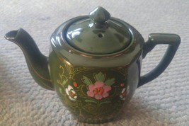 Green Handpainted Japan Made Tea Pot Floral Deisgn Motif Cute - £19.97 GBP