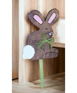 Wood Rabbit Outdoor Bunny Stake Handcrafted Green Rafia Bow Handpainted ... - £7.94 GBP