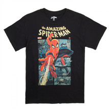 Spider-Man Swinging Through The Comic Panels T-Shirt Black - £24.02 GBP