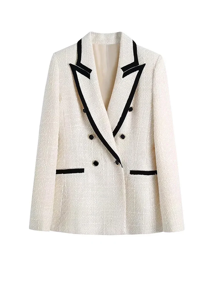 ZA  Women Tweed Blazer Jacket Contrast Piping Coat Vintage Long Sleeve Female Su - £118.51 GBP