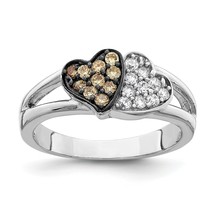 Sterling Silver Rhodium Plated Clear &amp; Champagne CZ Hearts Ring - £31.50 GBP