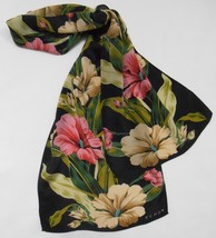 ECHO 100% SILK SCARF Floral Pink Black Green Art to Wear Made Japan 11 X 56&quot; - $32.95