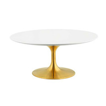 36&quot; White Round Pedestal Stem Lacquered Wood Top Coffee Table Brushed Go... - £470.70 GBP