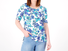 Susan Graver Weekend Printed Cotton Elbow Sleeve Scoop Neck Top Blue/Turquois XL - £21.58 GBP