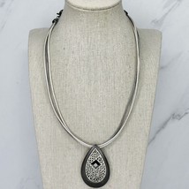 Chico&#39;s Rhinestone Teardrop Pendant with Metallic Silver Cord Necklace - £14.79 GBP