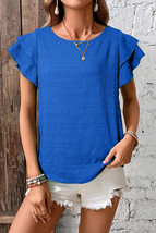 Dark Blue Textured Ruffled Sleeve Round Neck Top - $9.16
