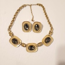 Vintage Smokey Grey Glass Crystal Faux Pearl Goldtone Necklace &amp; Earring... - £102.21 GBP