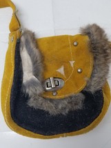 Mexican Children Leather Fur Sling Purse Pack Yellow Black Handmade Vint... - $18.95