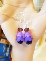 purple flower big bead drop dangle earrings acrylic glass handmade jewelry - £3.95 GBP