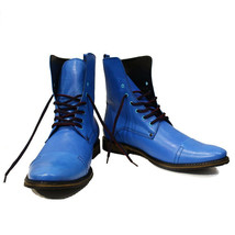 New Men&#39;s Blue High Ankle Plain Rounded Toe Black Sole Leather Lace Up Boots  - £122.69 GBP