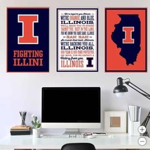 Illinois Fighting Illini Wall Art Navy Blue Orange NCAA 3-Piece Adhesive... - $79.99